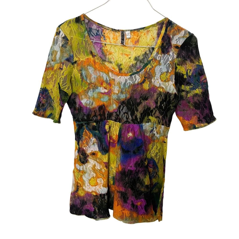 BKE Top Womens Large Multicolor Lace Sheer Festival Babydoll Y2K Tie-Dye Hippie
